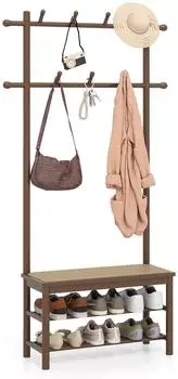 Costway Garderobenst&auml;nder 3-in-1 mit Schuhbank, Schuhregal & 13 Haken, Bambus, braun (VH34991OR)