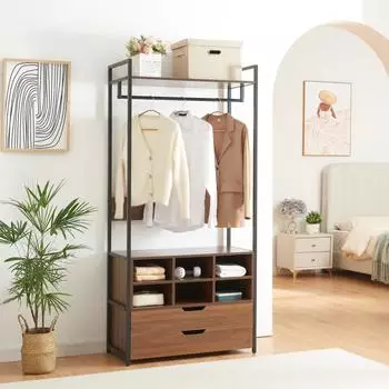 en.casa Larem Garderobenständer 6 Fächer 180x84x40cm schwarz/Walnussoptik