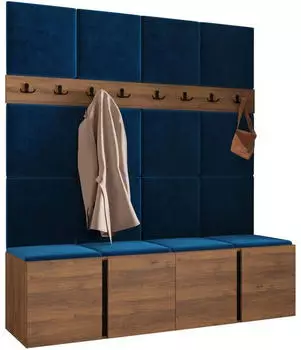 Mirjan24 Orion V Garderoben-Set mit Sitzbank, 16x Wandpanel 42x42cm, nussbaum/blau (800002080046)