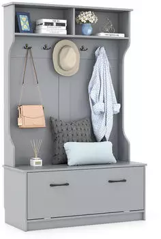 Costway Garderobenst&auml;nder mit Sitzbank, 5 Doppelhaken, Schuhschrank, grau, 100x40x160cm (TG32660SD)
