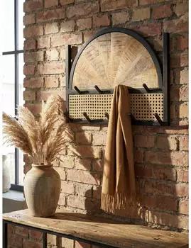 KADIMA DESIGN Wandgarderobe Mango Massivholz & Rattan, Wiener Geflecht, Metallrahmen, 53x40x7,5cm