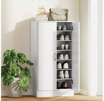 OKWISH Schuhschrank weiß, Holz, 6 Regale, Soft-Close, 55x35x108cm