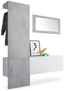 Vladon Carlton Set 4 Garderobenpaneel, Schrankmodul & Wandspiegel, weiß matt/Beton Oxid-Optik (156x193x35cm)