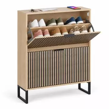 Relaxdays Schuhkipper gestreift, 2 F&auml;cher, 96x80x24cm, hellbraun/schwarz