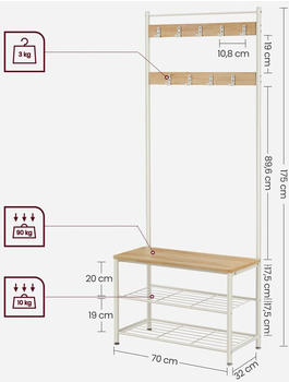 Vasagle Garderobenständer mit Schuhbank, 3-in-1 32x70x175 cm eichenfarben-weiß (HSR041W09)