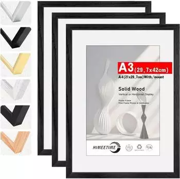LuxusKollektion Bilderrahmen DIN A3 Massivholz schwarz mit Passepartout für A4, 3er-Set