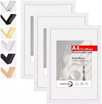 LuxusKollektion Bilderrahmen A4 (21x30cm) weiß Massivholz mit Passepartout, 3er-Set