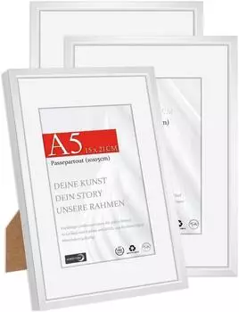 LuxusKollektion Bilderrahmen-Set A5 (14,8x21cm) Aluminium silber mit Passepartout, 3er-Set