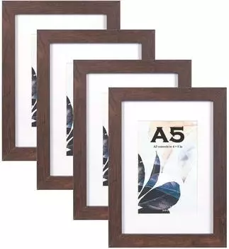 LuxusKollektion Bilderrahmen-Set Walnussholz A5 21x14,8cm, 4er-Set mit Passepartout (A5-4P)