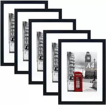 LuxusKollektion Bilderrahmen A4 mit Passepartout, 5er-Set, schwarz, Kunststoff (A4-5P)