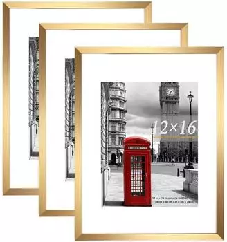 LuxusKollektion Bilderrahmen-Set 30x40cm mit Passepartout 8,5x11cm, gold, Kunststoff, 3er-Set (12X16-3P)
