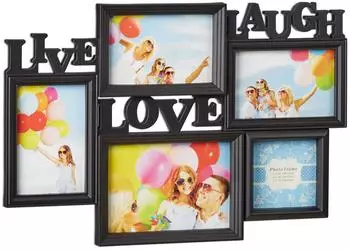 Relaxdays Bilderrahmen "Live Love Laugh" 5 Fotos Collage 3D, 45,5x31cm, schwarz