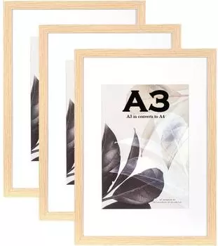 LuxusKollektion Bilderrahmen-Set Naturholz A3 mit Passepartout A4, Wandmontage, 3er-Set (A3-3P)