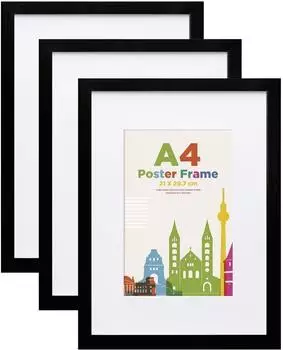 LuxusKollektion Bilderrahmen-Set A4 Holz mit Acrylglas, Passepartout A5, schwarz, 3er-Set
