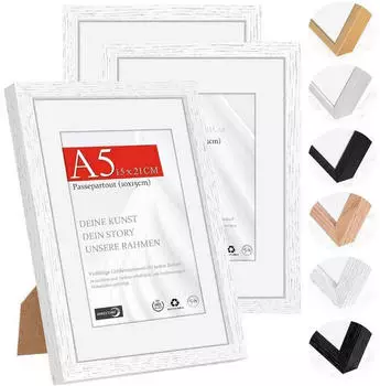 LuxusKollektion Bilderrahmen A5 (14,8x21cm) Naturholz wei&szlig;, 3er-Set, Tisch & Wand