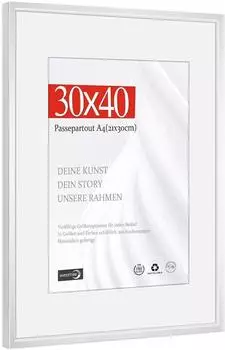 LuxusKollektion Bilderrahmen Aluminium 30x40cm silber mit Passepartout 21x30cm, bruchsicheres Kunstglas