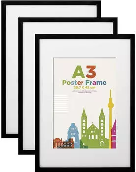 LuxusKollektion Bilderrahmen-Set A3 mit Passepartout f&uuml;r A4, Holz, schwarz, 3er-Set