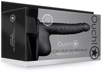 Ouch! Shots - Gerippter hohler Strap-On mit Hoden Schwarz 21 cm ⌀...