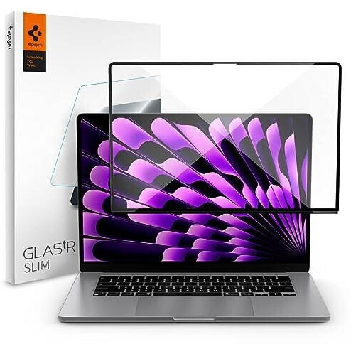 Spigen Displayschutz für MacBook Air 15 Zoll (M2, 2023), Schwarz Volle Abdeckung, Kristallklar, 9H Glas, Antikratz, MacBook Air 15 Schutzfolie