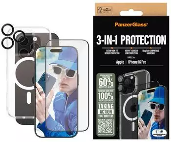 PanzerGlass Bundle Ultra Wide FIt Glass + Case + Lens (1 Stück, iPhone 16 Pro), Smartphone Schutzfolie, Transparent