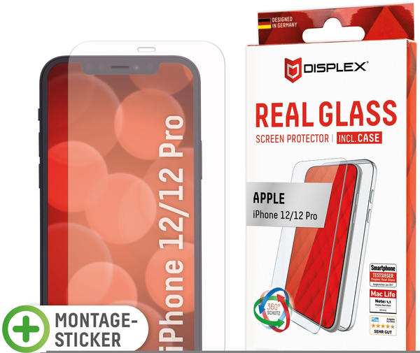 Displex Real Glass, 2D Panzerglas + Handyhülle (1 Stück, iPhone 12, iPhone 12 Pro), Smartphone Schutzfolie