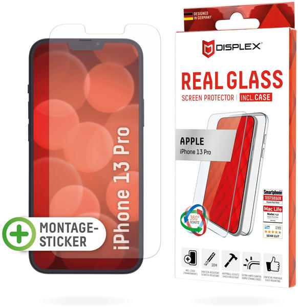 Displex Real Glass, 2D Panzerglas + Handyhülle (1 Stück, iPhone 13 Pro), Smartphone Schutzfolie
