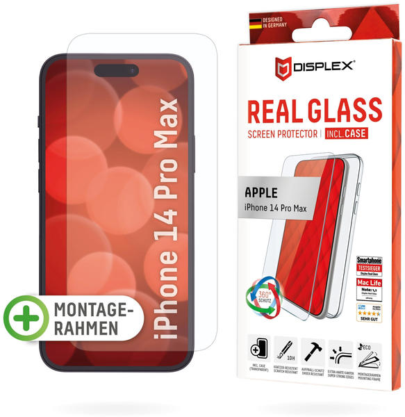 Displex Real Glass, 2D Panzerglas + Handyhülle (1 Stück, iPhone 14 Pro Max), Smartphone Schutzfolie
