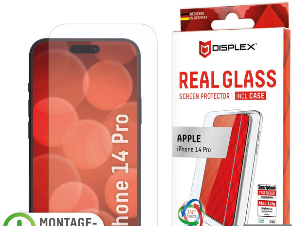 Displex Real Glass, 2D Panzerglas + Handyhülle (1 Stück, iPhone 14 Pro), Smartphone Schutzfolie