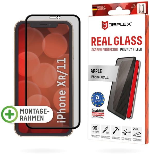 Displex Real Glass, Privacy Full Cover Panzerglas (1 Stück, iPhone 11, iPhone XR), Smartphone Schutzfolie