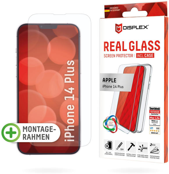 Displex Real Glass, 2D Panzerglas + Handyhülle (1 Stück, iPhone 14 Plus), Smartphone Schutzfolie