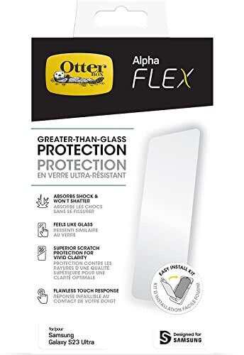 OtterBox Alpha Flex Displayschutz für Samsung Galaxy S23 Ultra, Ultra starker Schutz vor Brüchen und Kratzern, antimikrobieller Schutz