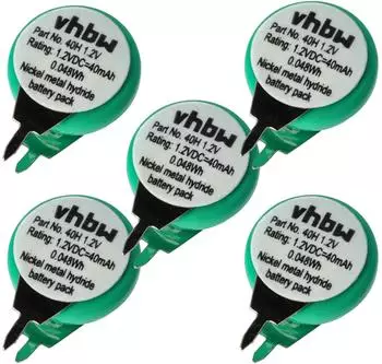 vhbw NiMH Knopfzellen-Akku Typ 1/V40H 2-Pins 40mAh 1,2V 5er-Pack (VHBW4065705176432)