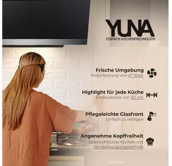 YUNA Dunstabzugshaube Kopffreihaube schwarz 60cm Schräghaube Umluft Abluft – Leiser Dauerbetrieb und kraftvolle Dunstbeseitigung