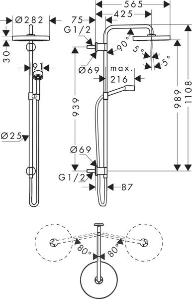 Handbrause Ausstattung & Allgemeine Daten Axor One Showerpipe 280 1jet Unterputz Brushed Brass (48790950)