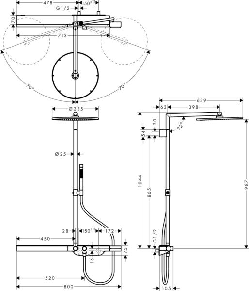Eigenschaften & Allgemeine Daten Axor ShowerSolutions Showerpipe mit Thermostat 800 und Kopfbrause 350 1jet Brushed Brass (27984950)