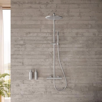 Herzbach Living Spa Duschsystem mit Thermostat, Duschsäule RB 250mm rund, Stabhandbrause Edelstahl gebürstet (11.988225.1.09)