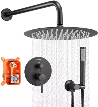 VEVOR Regenduschsystem 254mm runder Kopf mit Handbrause, Wandmontage, Mattschwarz (BY10-311G)