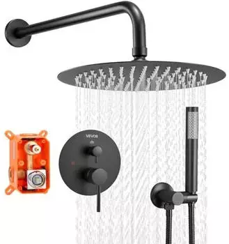 VEVOR Regenduschsystem 203mm runder Duschkopf & Handbrause, wandmontiert, Mattschwarz (BY8-211G)
