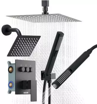 VEVOR Duschsystem-Set 10"/6" Regenduschkopf, 2-in-1 Handbrause, 3 Funktionen, Mattschwarz