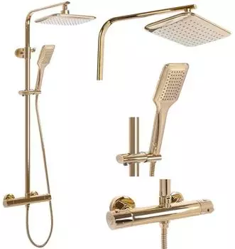 Rea Tom Duschset Wand mit Thermostat und Regenbrause, Gold (REA-P7102)