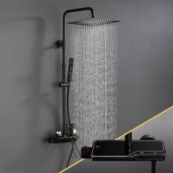 Görbach JOHO Duschsystem Regendusche 20x20cm Thermostat, schwarz