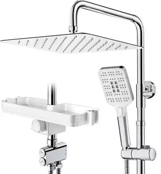 Rainsworth Duschsystem 30x30cm eckig, 3 Strahlarten, Ablage, chrom