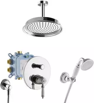 PaulGurkes Duschsystem Nostalgie Retro Regenbrause, Unterputz, Deckeneinbau, Keramikgriff