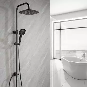 LuxusKollektion Duschsystem ohne Armatur, 25cm Regendusche, 3 Strahlarten, höhenverstellbar, eckig schwarz