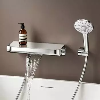doporro Oryntex-03 Wannenarmatur Thermostat Wasserfall mit Handbrause, Messing, silber