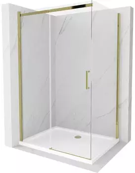 Mexen Omega Schiebetür-Duschkabine 130x100cm Klarglas, Gold + Duschwanne Flat (825-130-100-50-00-4010)