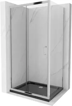 Mexen Apia Schiebe-Duschkabine 140x90cm, Transparent, Chrom + Duschwanne Flat, Schwarz (840-140-090-01-00-4070)
