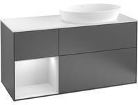 Villeroy & Boch Villeroy und Boch Finion Waschtischunterschrank G922MTPH 120cm, Abdeckplatte black matt, Emotion, Regale White matt lacquer, Glossy Black Lacquer