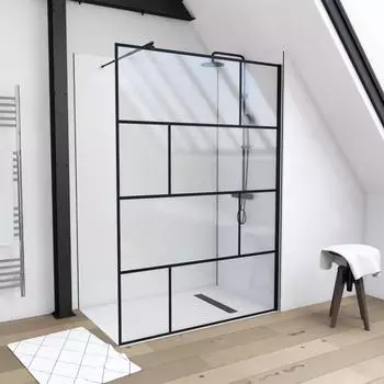 Marwell Walk-in-Dusche Bricks, 140 x 195 cm, inkl. Haltestange f&uuml;r Deckenmontage schwarz Duschw&auml;nde Duschen Bad Sanit&auml;r