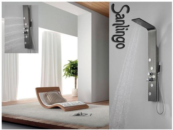 Sanlingo Duschpaneel aus Edelstahl mit Holzmaserung in grau Duschsäule mit 5 großen Massagedüsen von Sanlingo